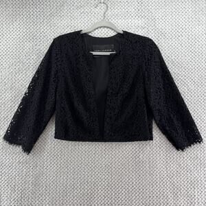 Tara Jarmon Cardigan Women 38 Black Lace Eye Lash Open Front Cropped Crew Neck